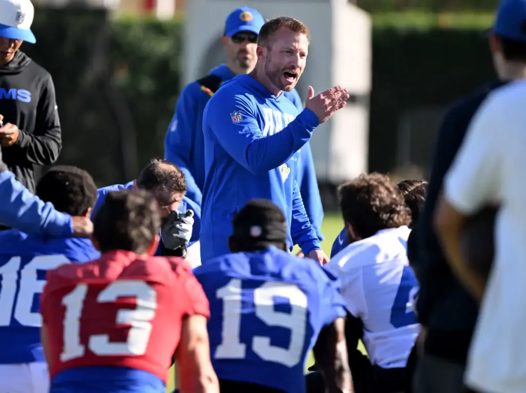 Rams head coach Sean McVay speaks to his team after...