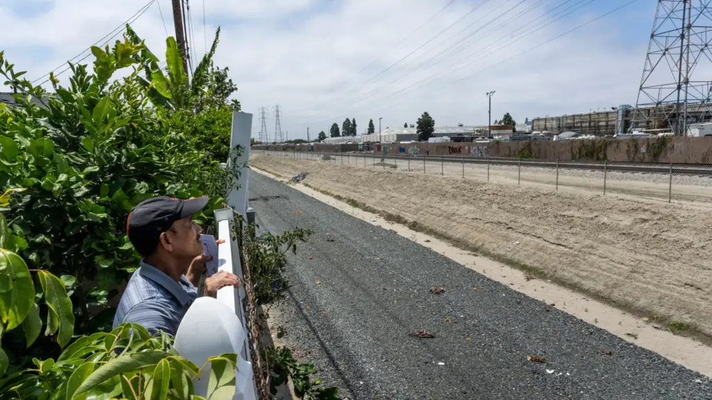 ThÃ nh Tran looks over the fence in his backyard, over...