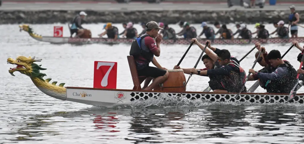 Teams race in the Long Beach Dragon Boat Festival at...