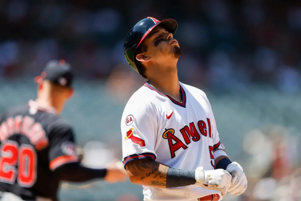 Angels’ Vaughn Grissom reacts after grounding out to third base...