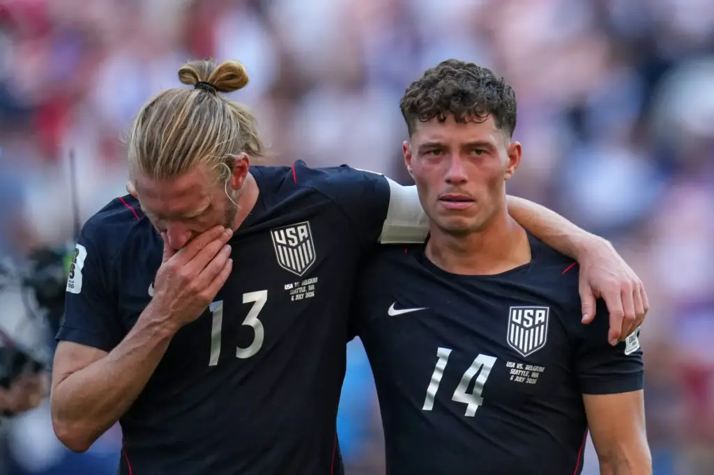 The United States’ Sebastian Berhalter, right, and Tim Ream show...