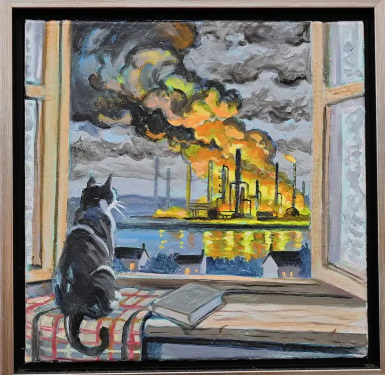 A cat sits calmly in an open window looking onto...