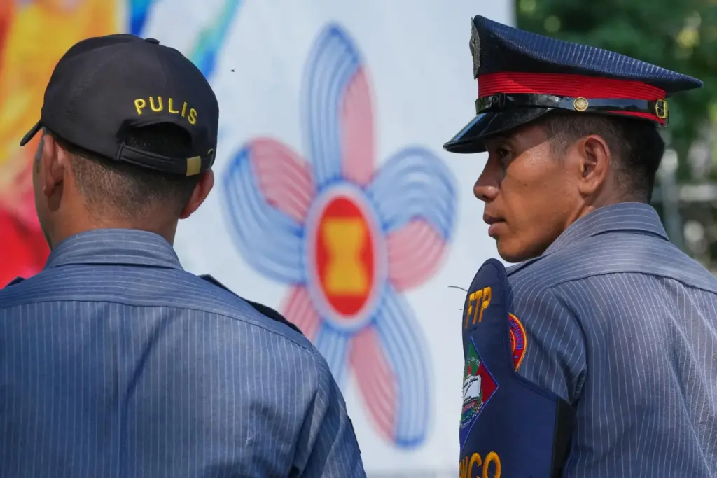 Police guard outside the venue of the 59th ASEAN Foreign Ministers' Meeting.