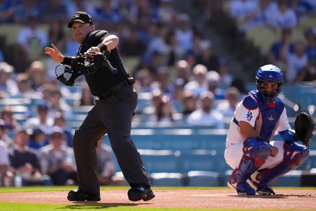 Home plate umpire Nick Mahrley throws San Diego Padres manager...