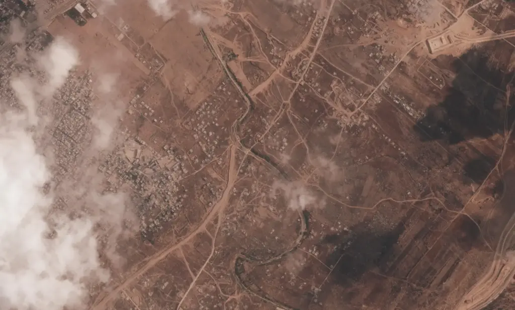 A satellite image from Planet Labs PBC shows a section...