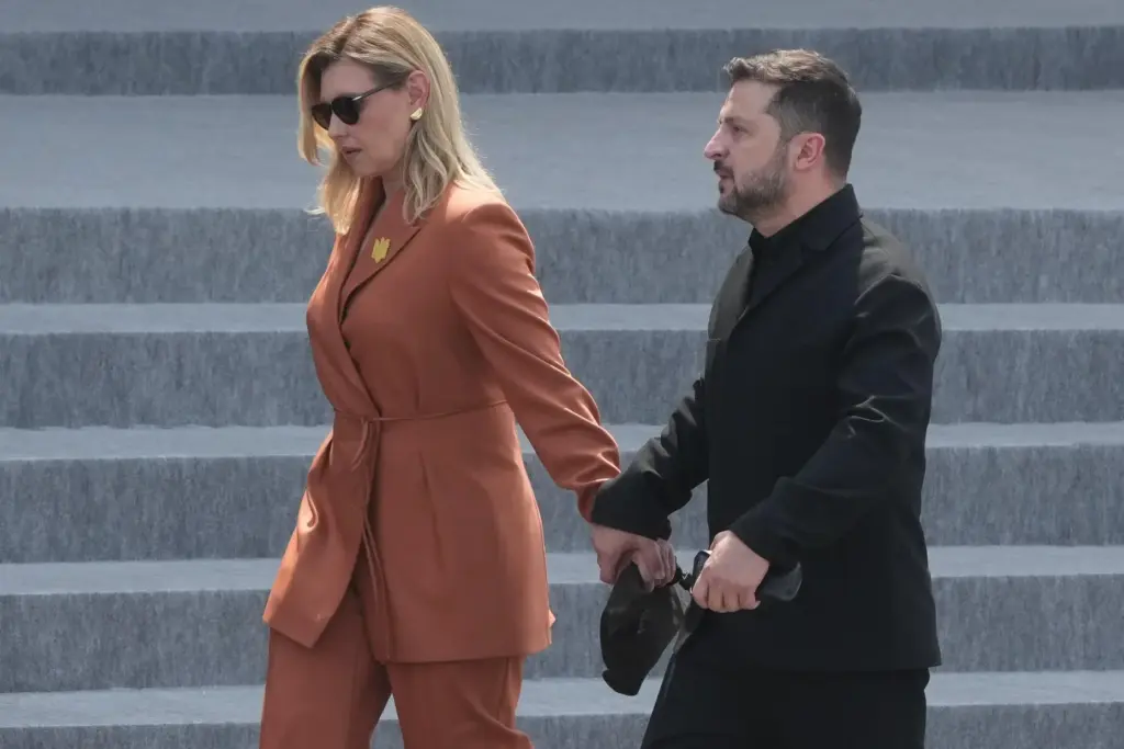 Ukraine's President Volodymyr Zelensky and his wife Olena Zelenska leave after the Bastille Day military parade.
