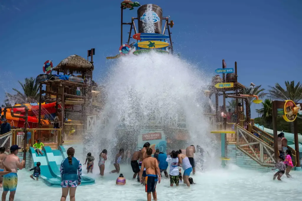 A giant bucket of water, which dumps 800 gallons of...