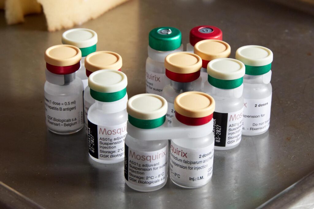 The malaria vaccines are displayed on a table at the Soa District Hospital in Yaounde, Cameroon.