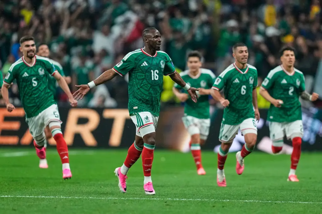 Mexico’s Julian Quinones (16) celebrates after scoring his team’s first...