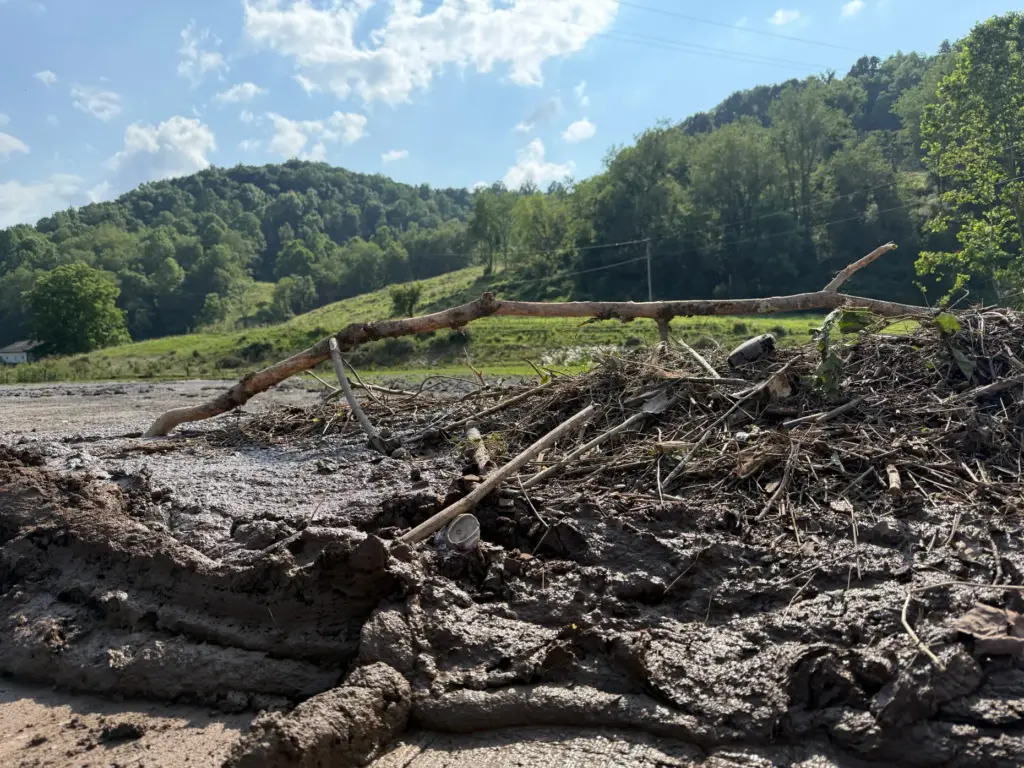 Mud and debris near Stonecoal Creek in Horner, W.Va., after...