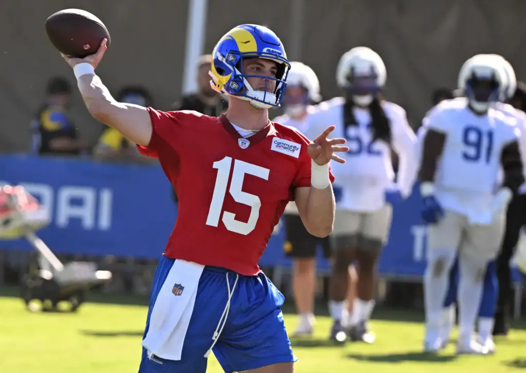 Rams quarterback Ty Simpson during the first day of training...