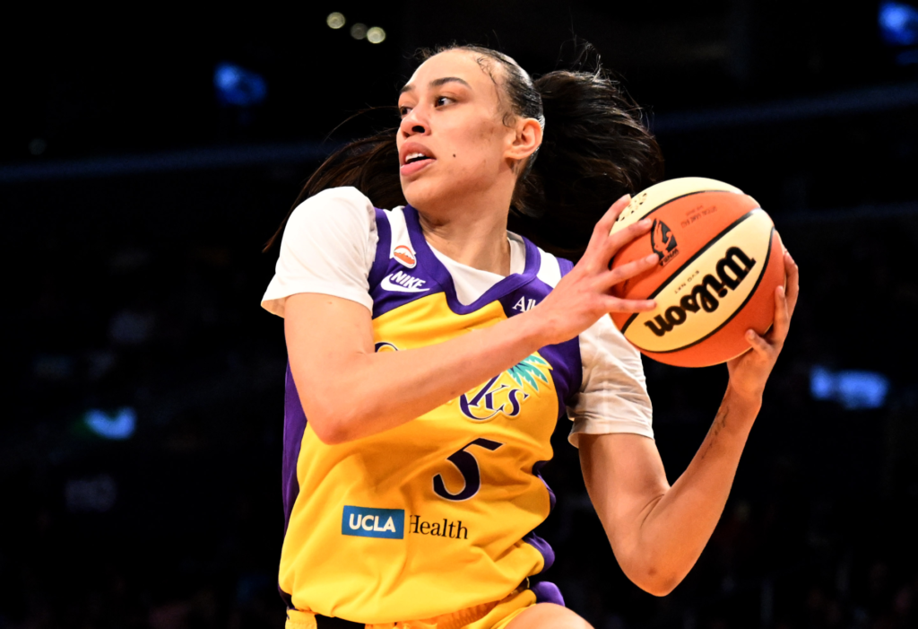 Sparks forward Dearica Hamby grabs a rebound during the first...