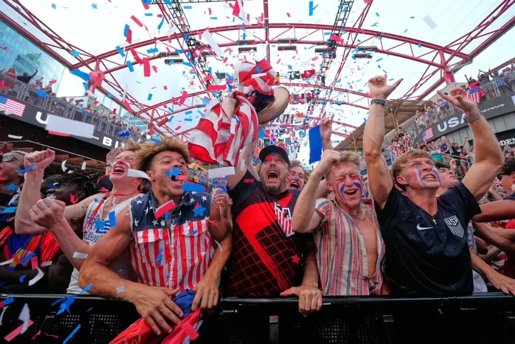 Fans cheer during a watch party for a World Cup match between the U.S. and Bosnia.