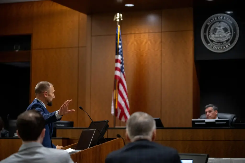 Deputy Utah County Attorney Ryan McBride speaks during a preliminary hearing.