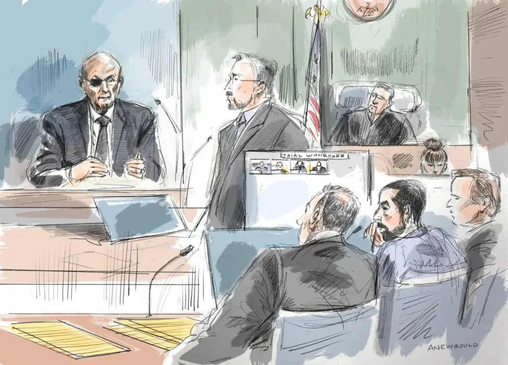 In this courtroom sketch, Salman Rushdie, left, testifies in federal...