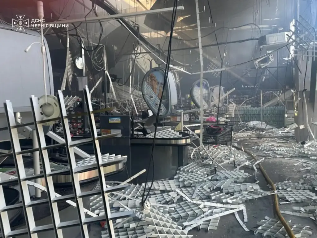 A damaged supermarket after Russian drone strikes in Chernihiv, Ukraine.