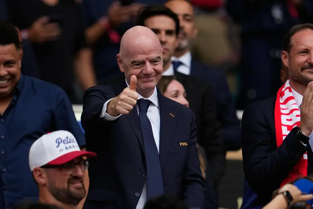 FIFA President Gianni Infantino attends the World Cup quarterfinal between Norway and England.