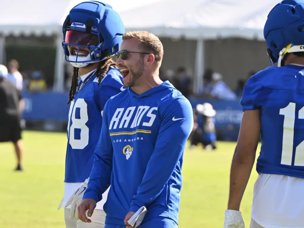 Rams head coach Sean McVay speaks to his team after...