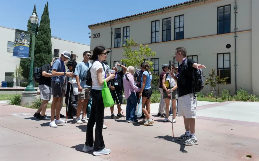 Camper Brandon Reed leads a tour of Fullerton College during...