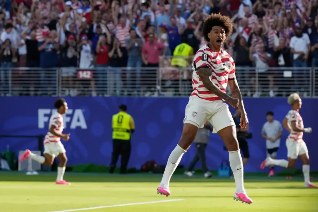 Chris Richards reacts after his team's second goal against Bosnia.