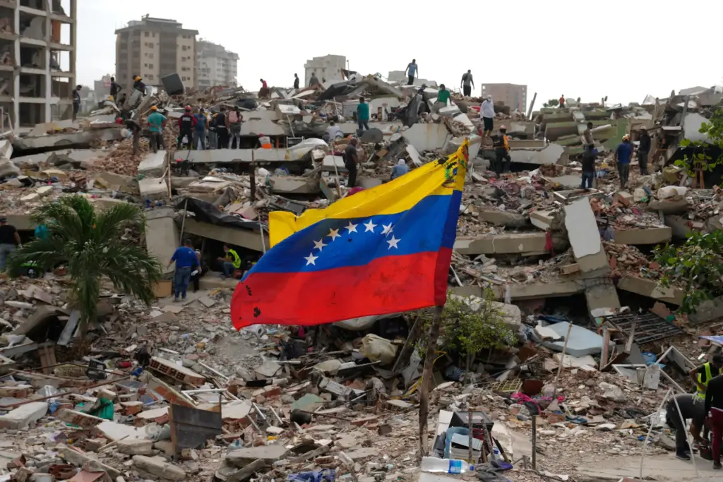 Residents and rescue workers search through the rubble after the earthquakes.