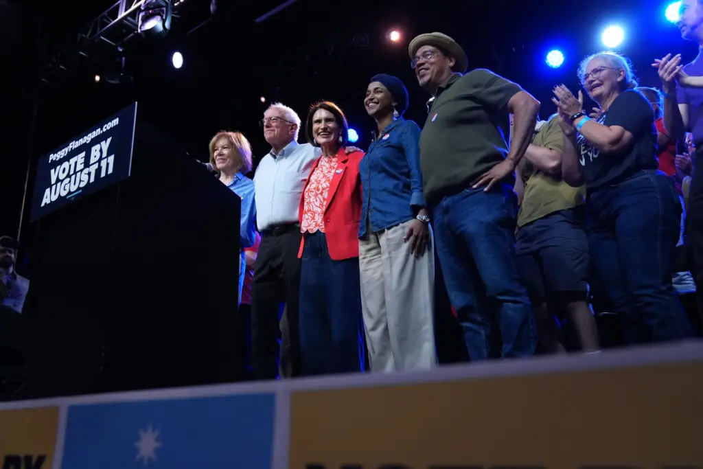 Minnesota Lt. Gov. Peggy Flanagan, center, a Democratic candidate for...