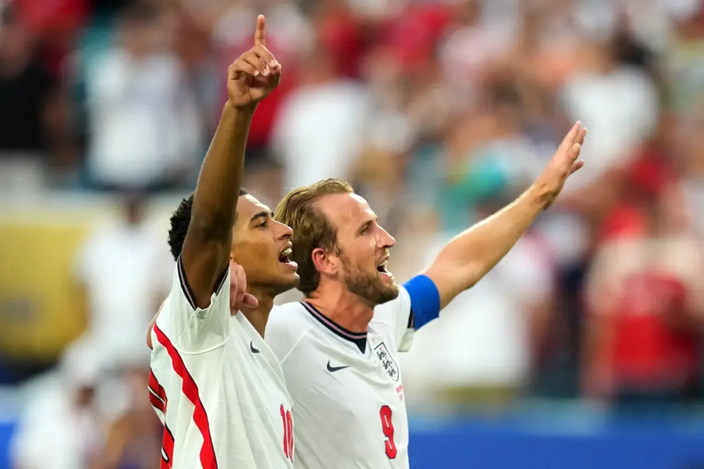 Jude Bellingham, left, and Harry Kane celebrates England’s victory over...