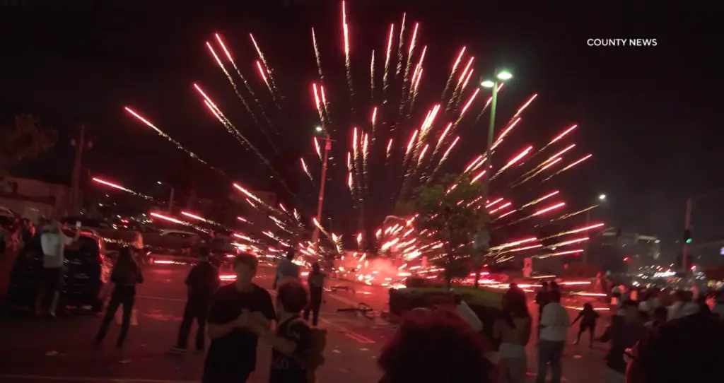 Fireworks explode in the Pavilionâs parking lot on Saturday, July...