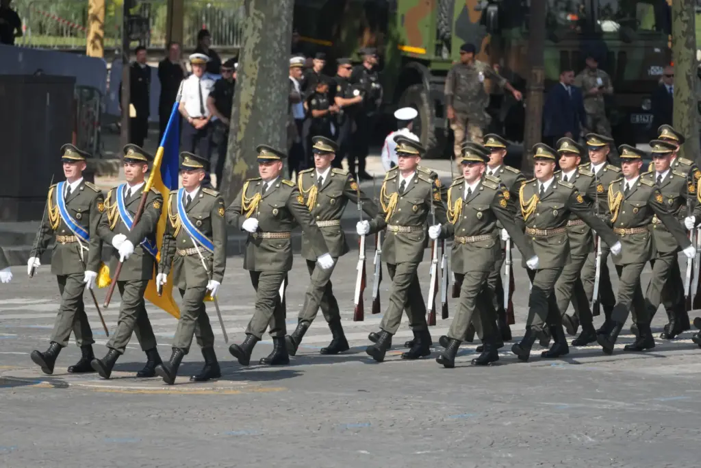Ukrainian soldiers march during the Bastille Day military parade.