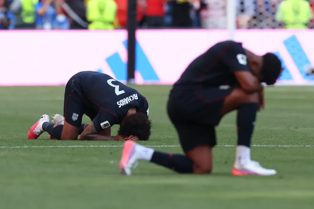 United States’ Chris Richards (3) reacts after the World Cup...