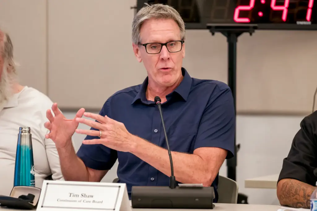 Tim Shaw of the Continuum of Care board speaks during...