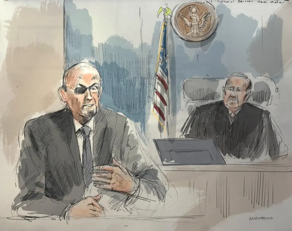 In this courtroom sketch, Salman Rushdie, left, testifies in federal...
