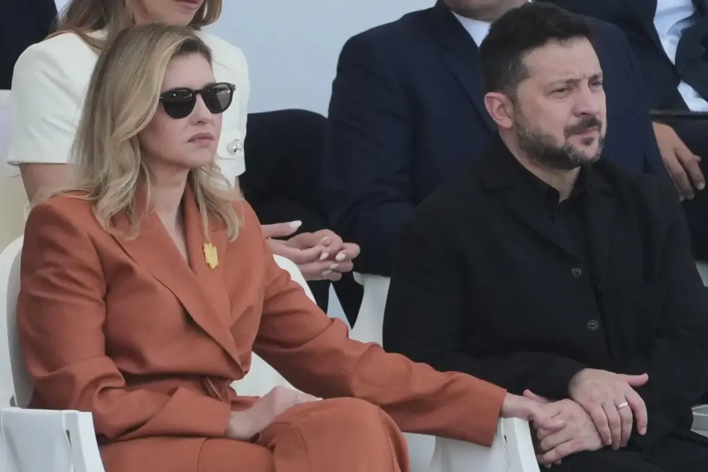 Ukraine's President Volodymyr Zelensky and his wife Olena Zelenska attend the Bastille Day military parade.