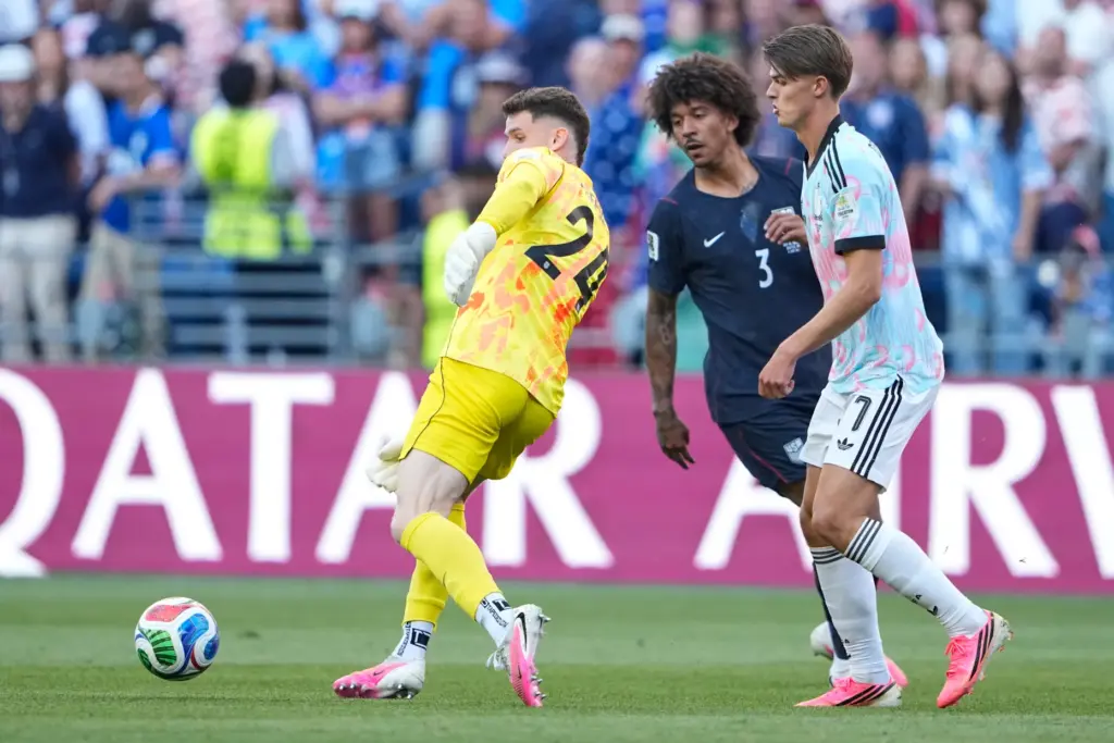 United States goalkeeper Matt Freese (24) misplays the ball leading...