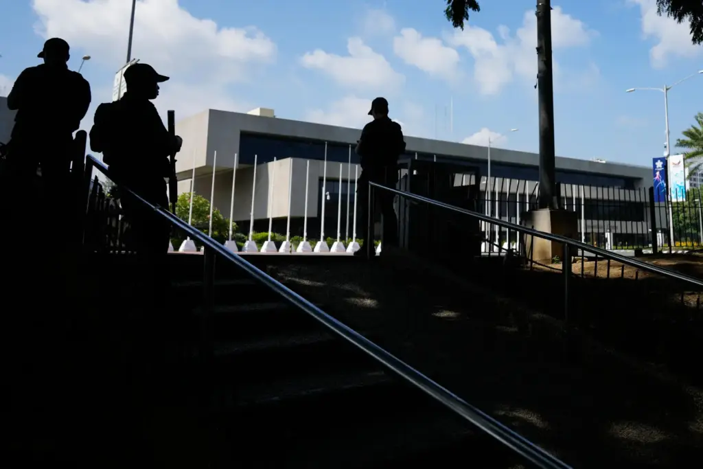 Police patrol outside the venue of the 59th ASEAN Foreign Ministers' Meeting.