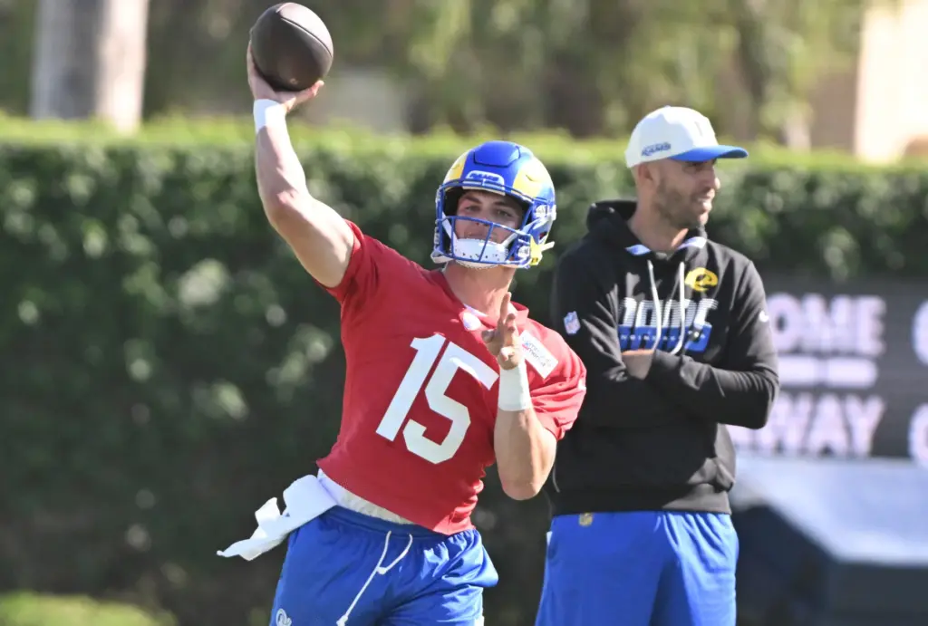 Rams Quarterback Ty Simpson during the first day of training...