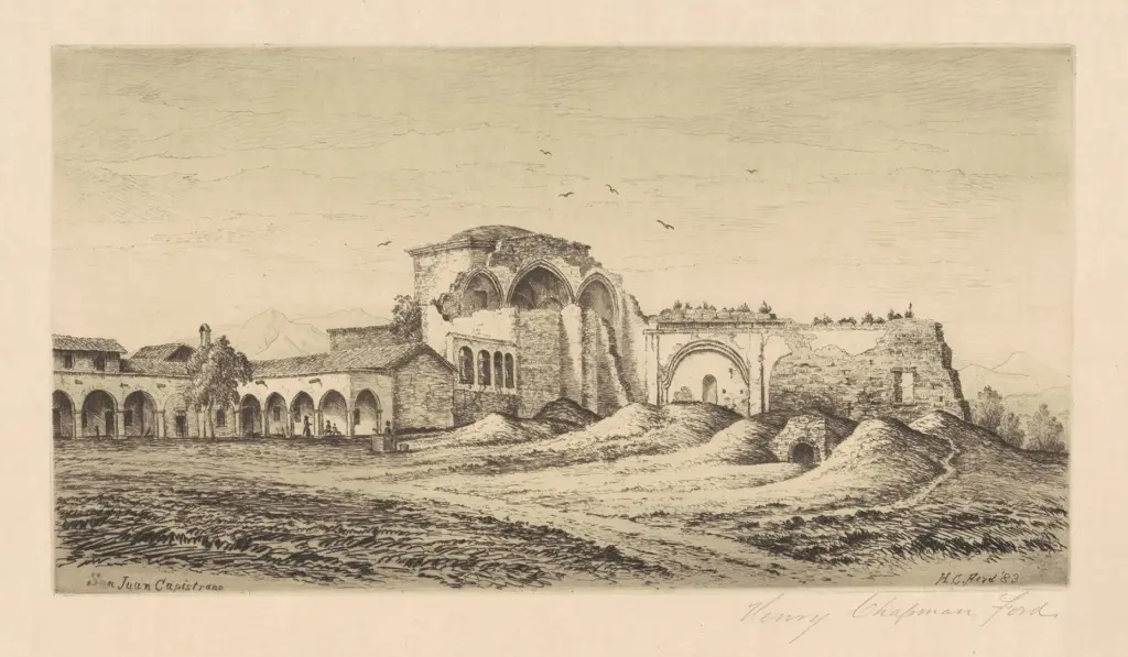 An etching of Mission San Juan Capistrano by Henry Chapman...