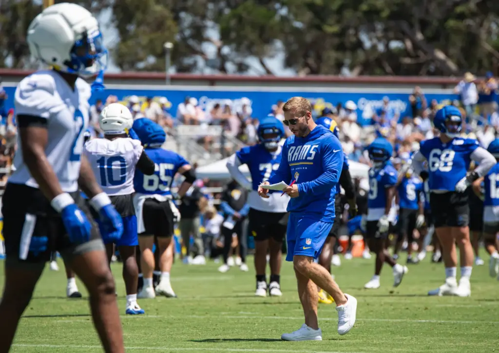Los Angeles Rams coach Sean McVay walks across the field...
