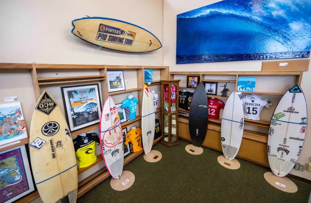 A display of surfboards ridden by some of the world...