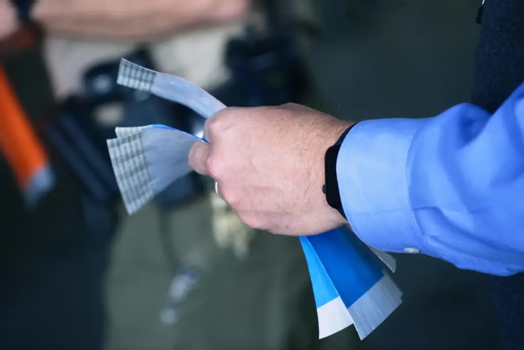 Court staff hands out wristbands for limited public seating at...