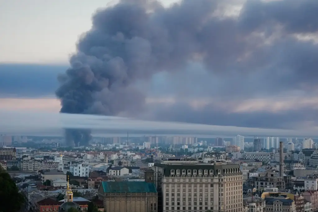 Smoke rises over the city center after a Russian attack...