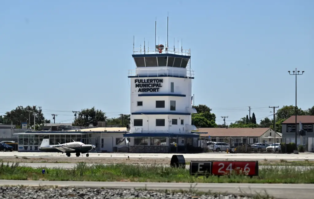 The refurbished control tower at Fullerton Airport features a new...