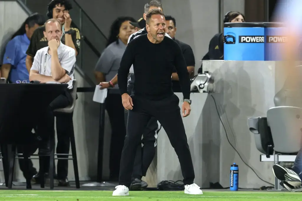 Los Angeles FC head coach Marc Dos Santos reacts during...