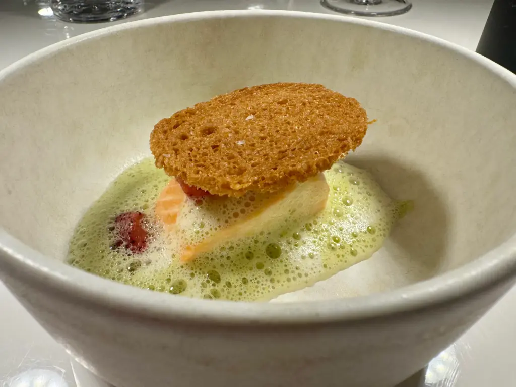 California king salmon with sorrel sauce, brioche and lacto-fermented strawberry....