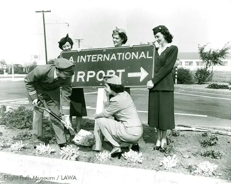 The “L.A. International Airport” sign dedication in 1949 celebrates the...