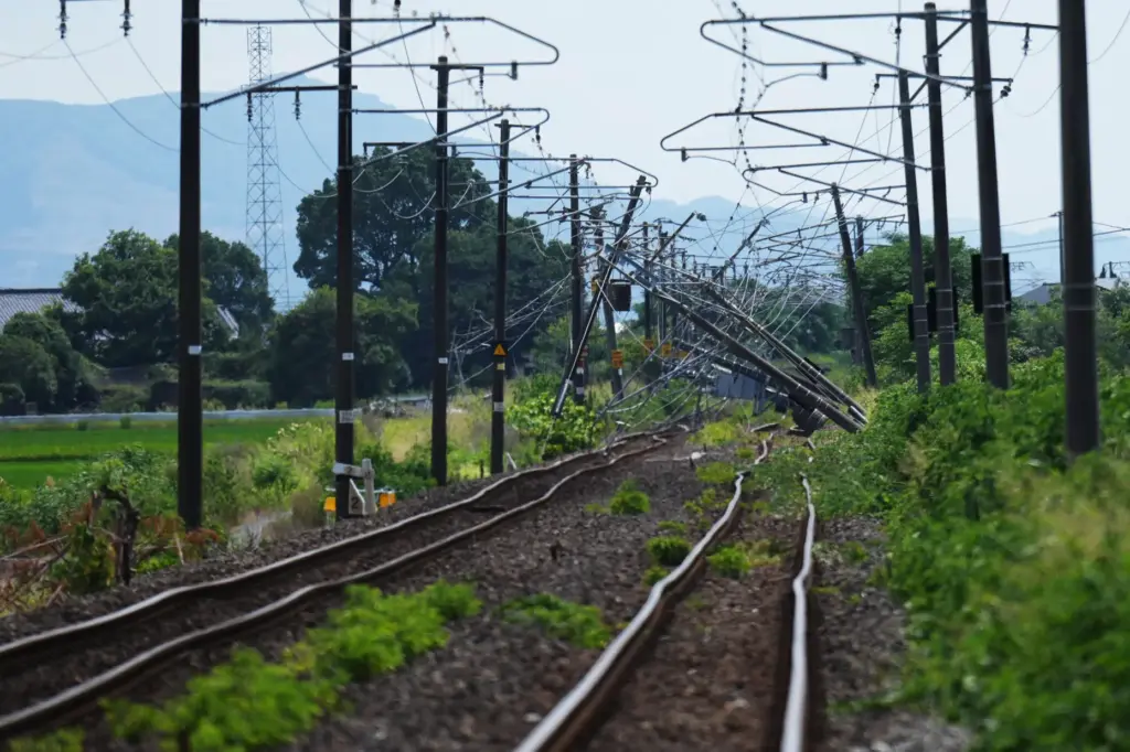 Electric poles are seen fallen over rail tracks in Hikawa, southern Japan.