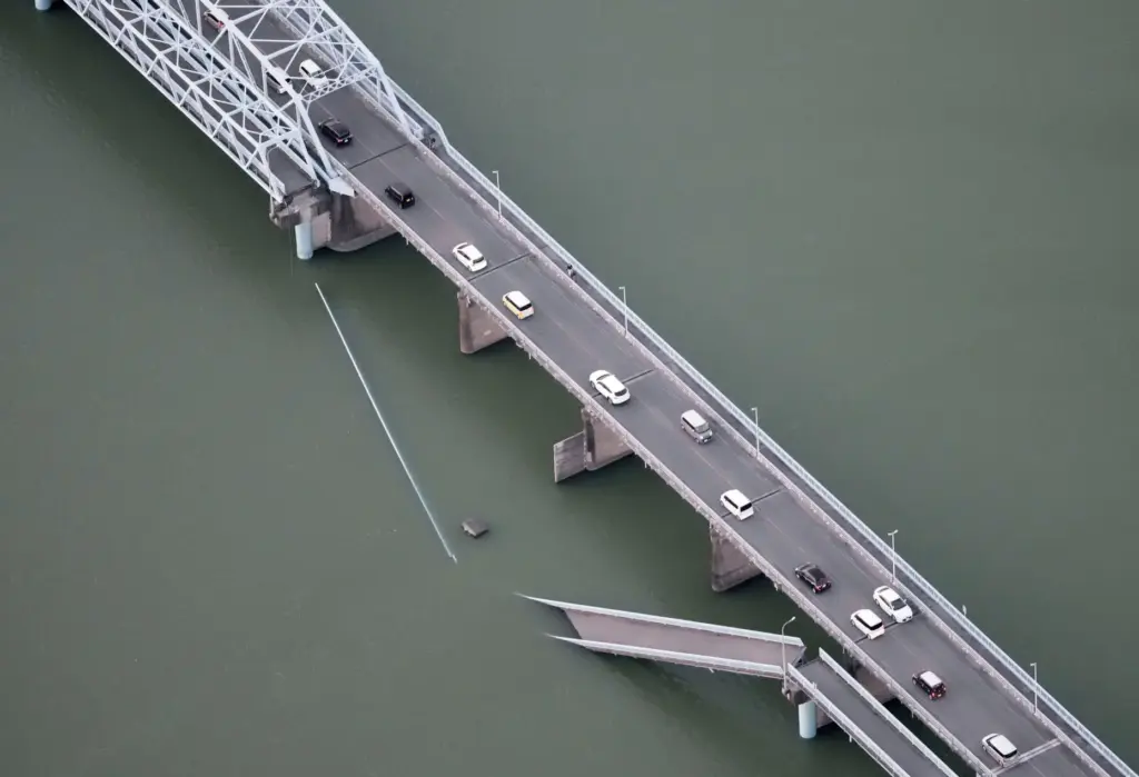 A partially collapsed bridge after the earthquake in Yatsushiro, Japan.