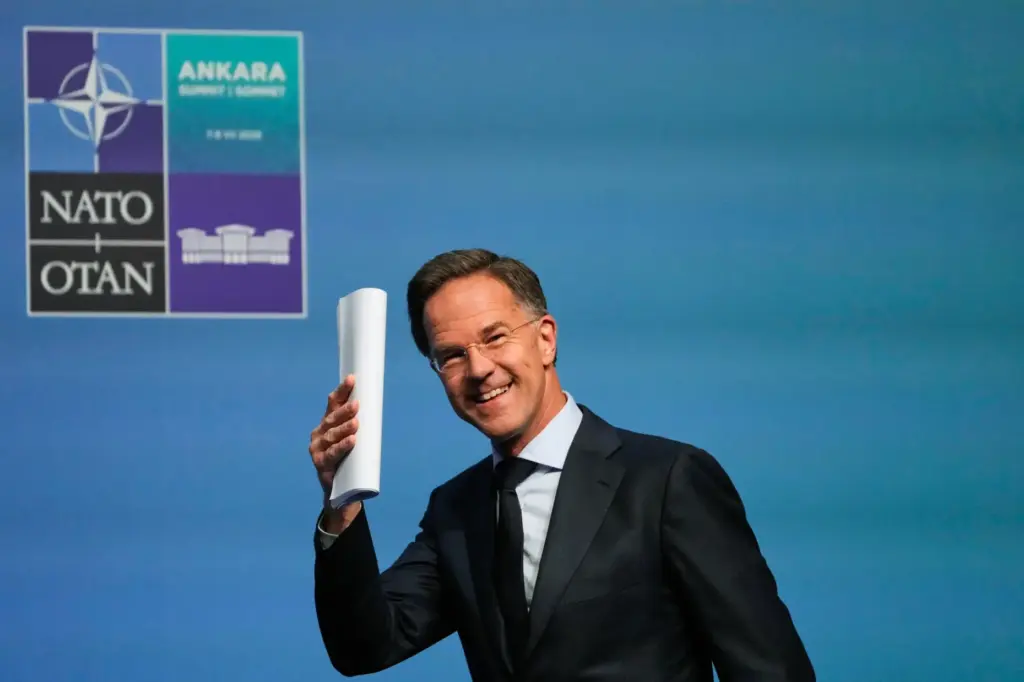 NATO Secretary General Mark Rutte arrives for a news conference.