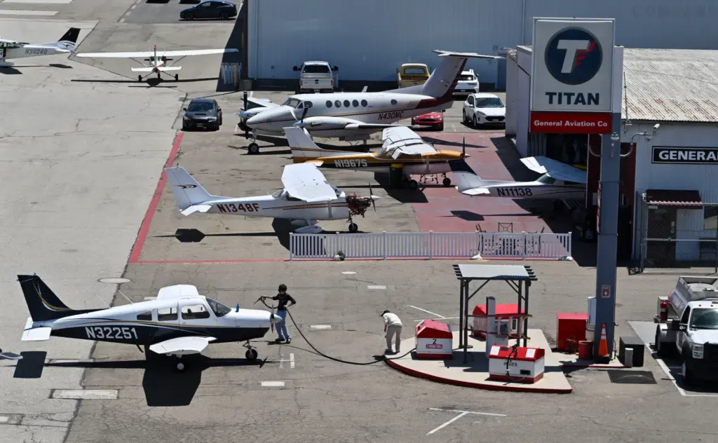 A Piper Cherokee is fulled up at Fullerton Airport in...