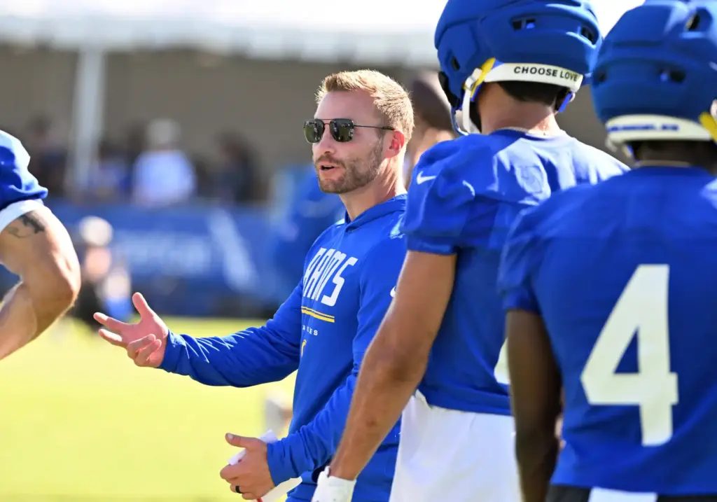 Head coach Sean McVay of the Rams speaks to his...